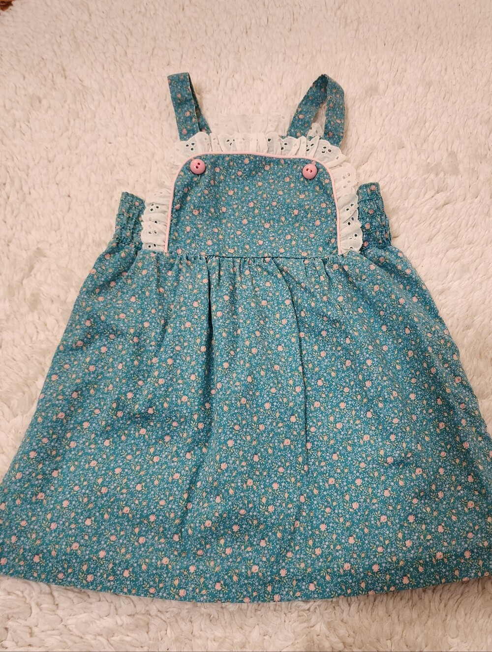 Ruth Scharf Vintage Floral Pinafore Dress Girls 4T Teal Pink Cottagecore Shabby